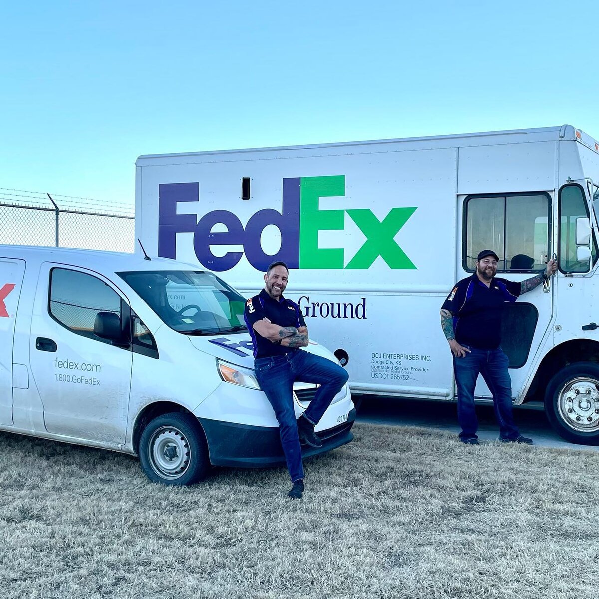 Garrett McClure at the family FedEx Ground logistics operation in Dodge City, Kansas, standing with the delivery trucks